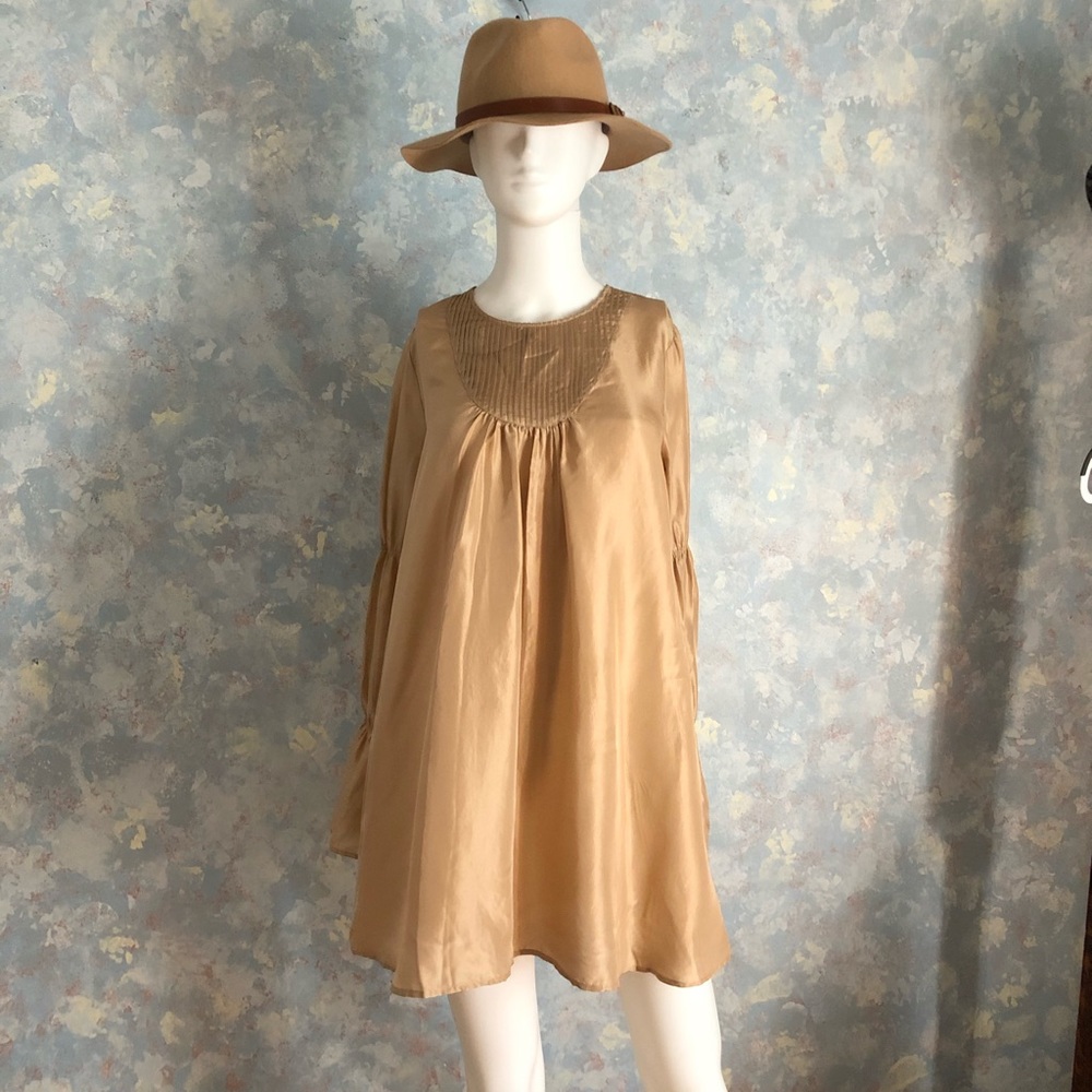 Loose Tan Silk Blouse Dress • S